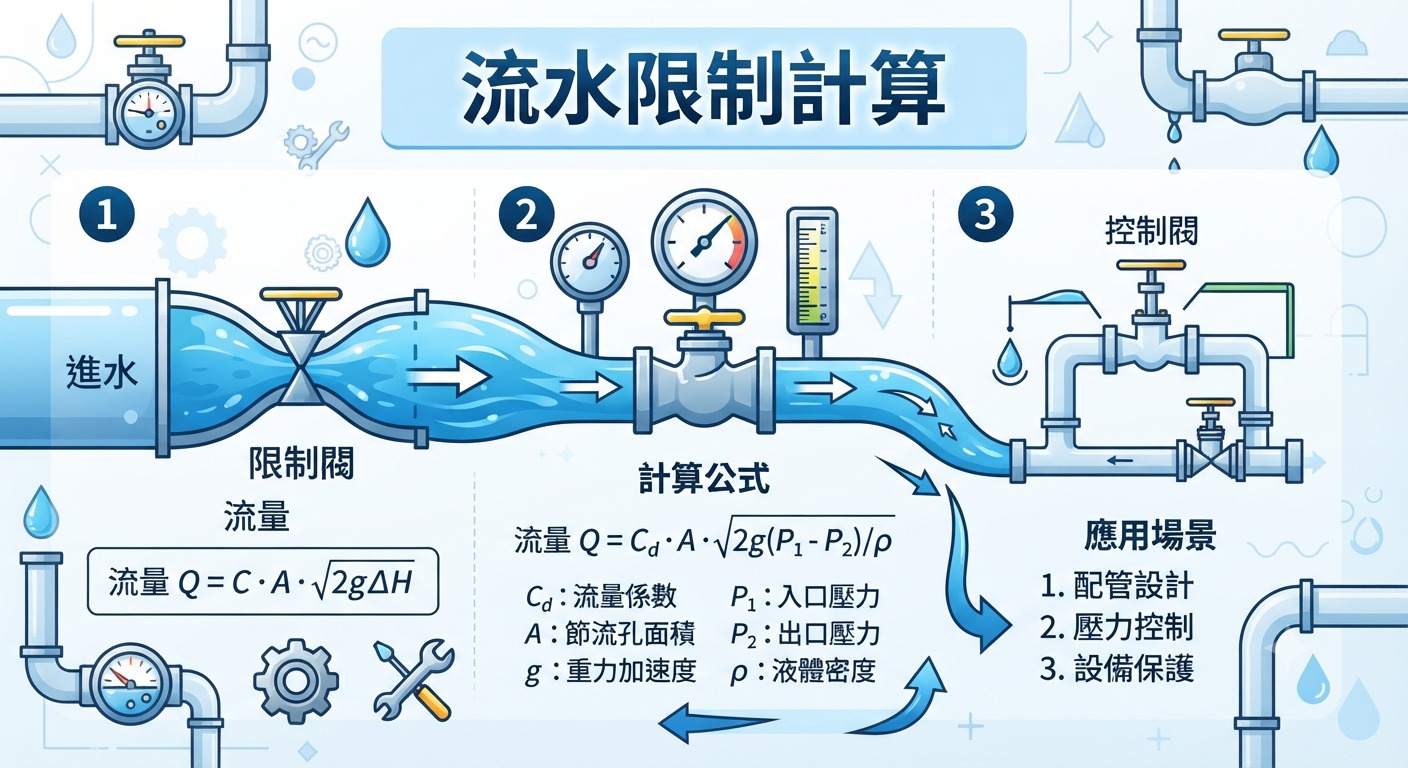 這是一張關於「流水限制計算」的技術示意圖,展示了流體在管道中經過限制閥後的流動狀態與物理公式。 圖中詳細標示了流量計算公式及其對應參數,並概述了配管設計、壓力控制與設備保護等應用場景。
