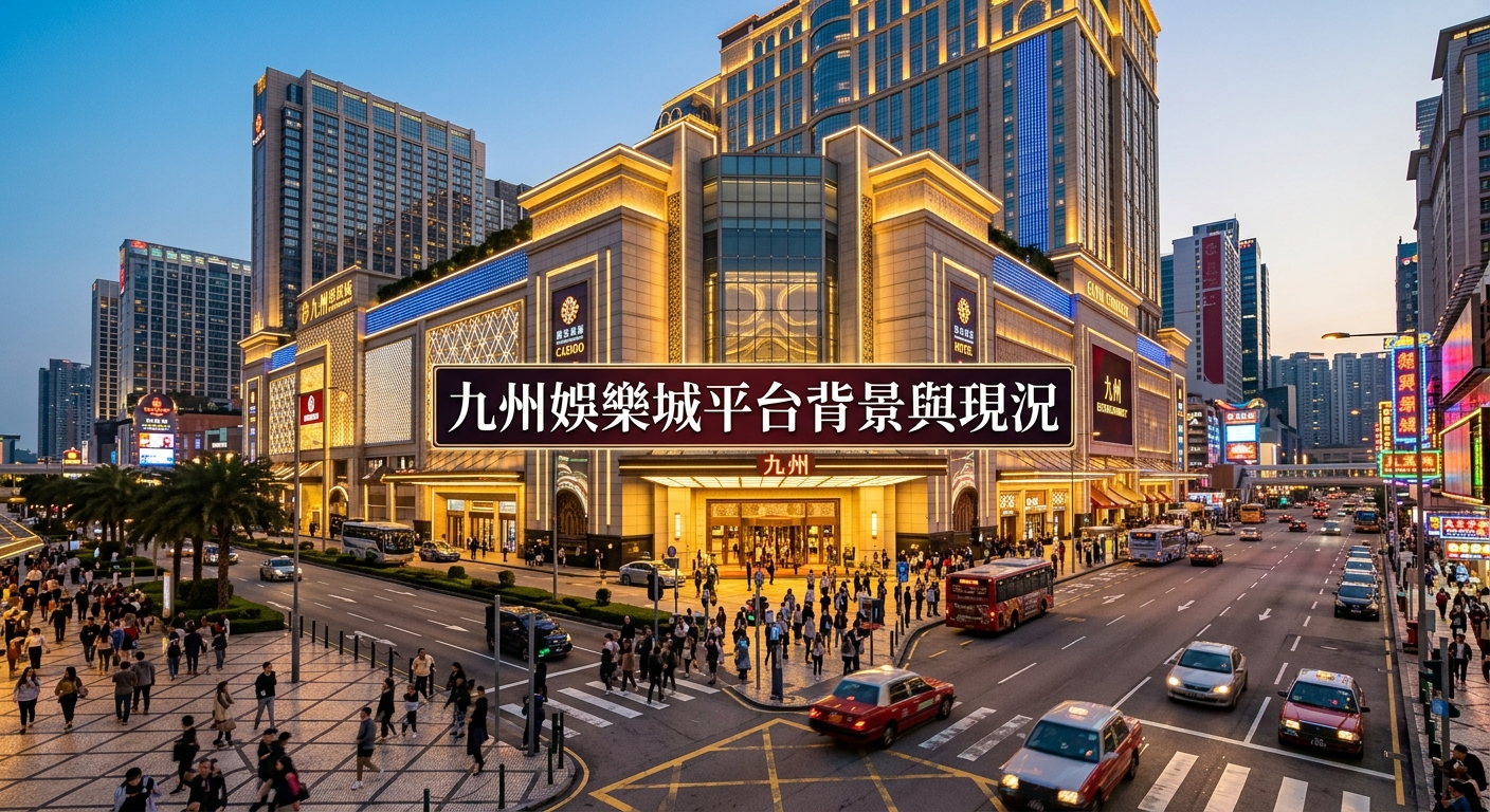 這張圖片展現了一座繁華都市中的豪華娛樂城大樓,夜幕低垂時金碧輝煌的燈光照射著璀璨的建築與繁忙的街道。 畫面正中央以清晰的繁體中文標題標註著:「九州娛樂城平台背景與現況」。