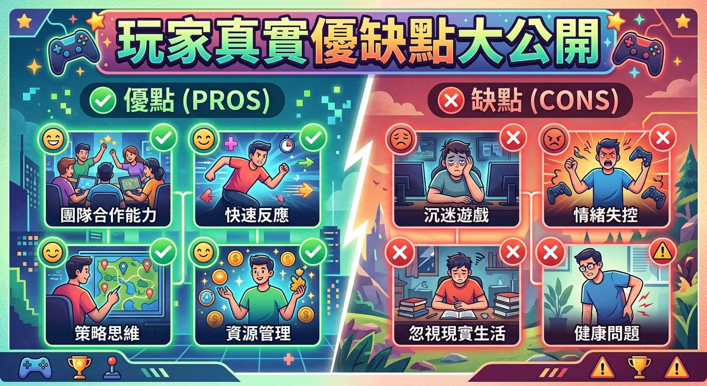 這張圖片採用動漫插畫風格,以左右分屏的形式展示「玩家優缺點」的主題。 左側以綠色調搭配勾號呈現團隊合作與策略思維等優點,右側則以紅色調搭配叉號呈現沉迷遊戲與健康問題等缺點。